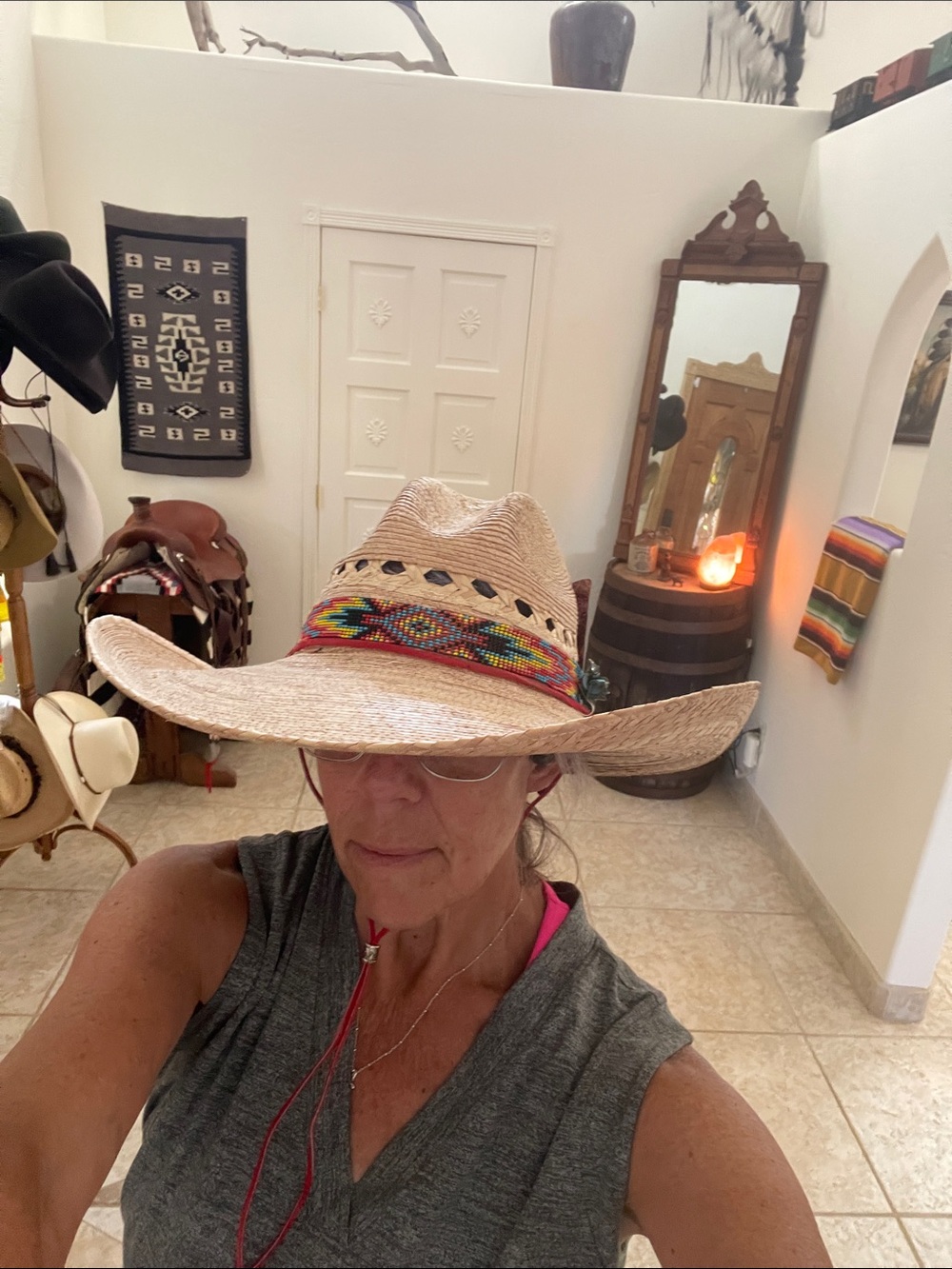 Women’s Straw Cowboy Hat with Multicolor Beaded Band, accent pins, hat clip - Picture 11 of 14